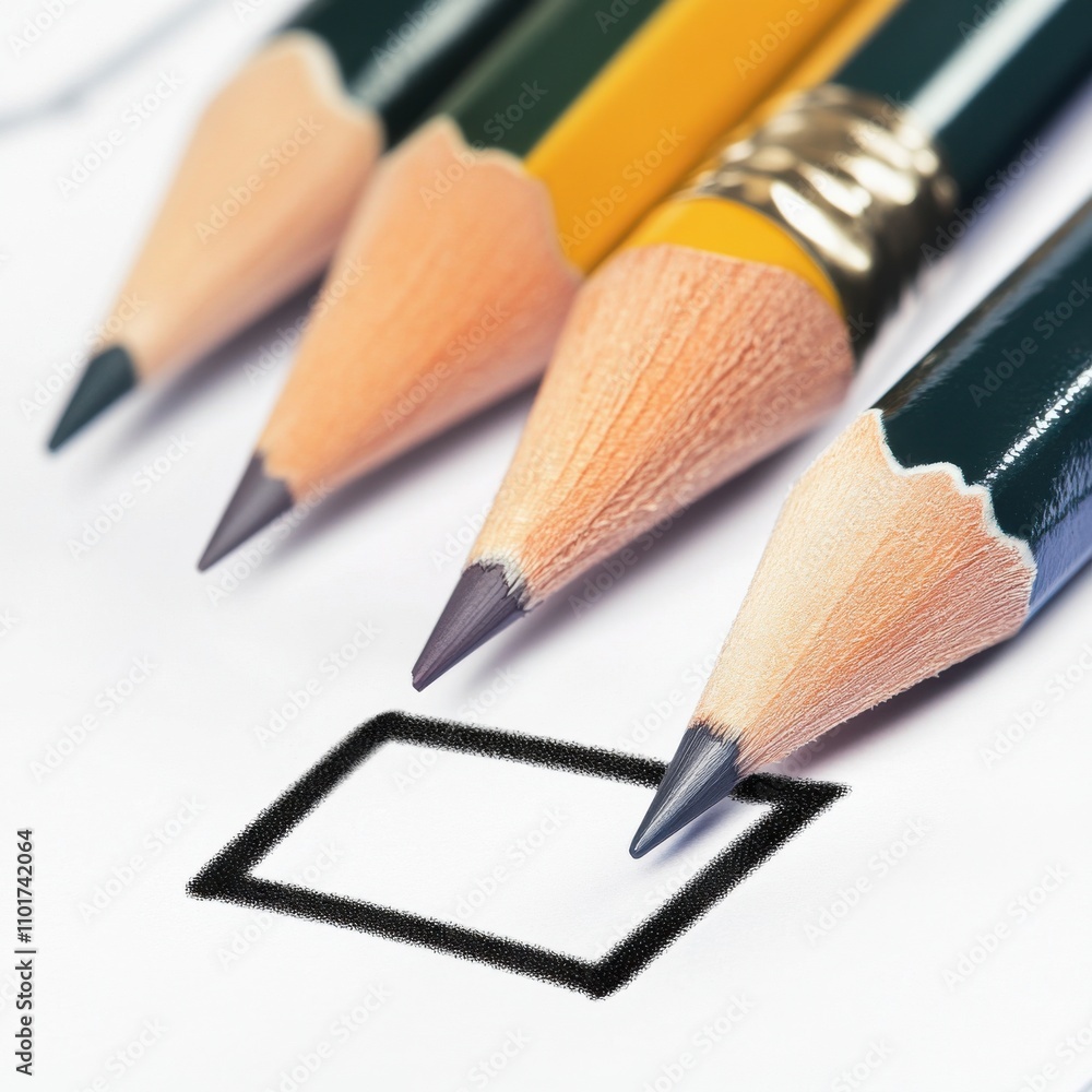 Poster close-up of colored pencils arranged above a checkbox illustration, symbolizing creativity and decis