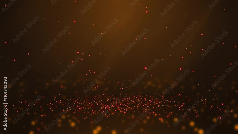Poster orange particles twirling on the ground and flying in the air with light rays at the top right, hori