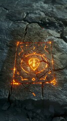 A captivating image of a glowing magical rune engraved into a cracked stone surface. The glowing symbol contrasts sharply against the rough, dark stone, evoking a sense of ancient mysticism and power.