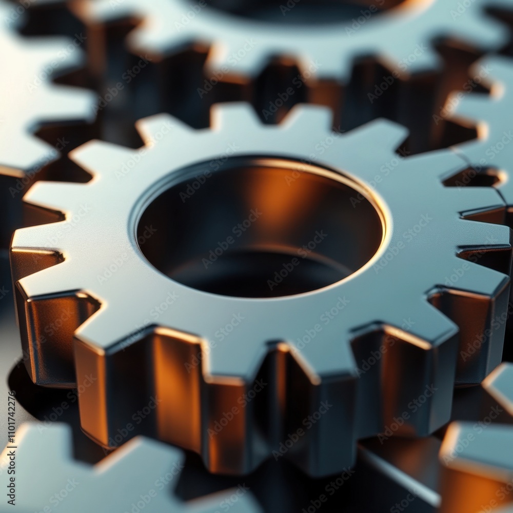 Poster close-up of interconnected metallic gears, showcasing intricate design and precision engineering.