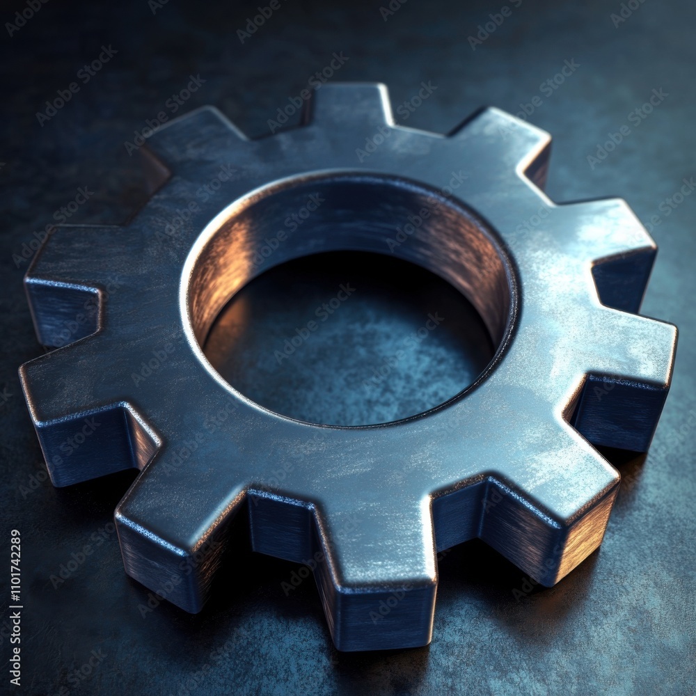 Poster close-up of a metallic gear on a textured surface, showcasing intricate details and reflections in s
