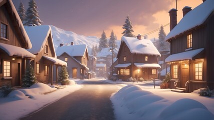 Winter street scene in village 3d illustration