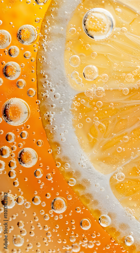 Poster close-up of a lemon slice in sparkling beverage with bubbles.