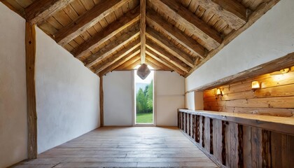 Rustic Hallway with Exposed Timber Beam Ceiling and Stone Wall in a Cozy Country House, Showcasing Authentic Countryside Charm and Traditional Architectural Elements for a Warm and Inviting
