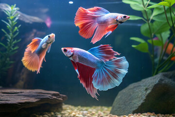 Obraz premium Some beautiful Betta fish, The Siamese fighting fish (Betta splendens) an Aquarium with nature light
