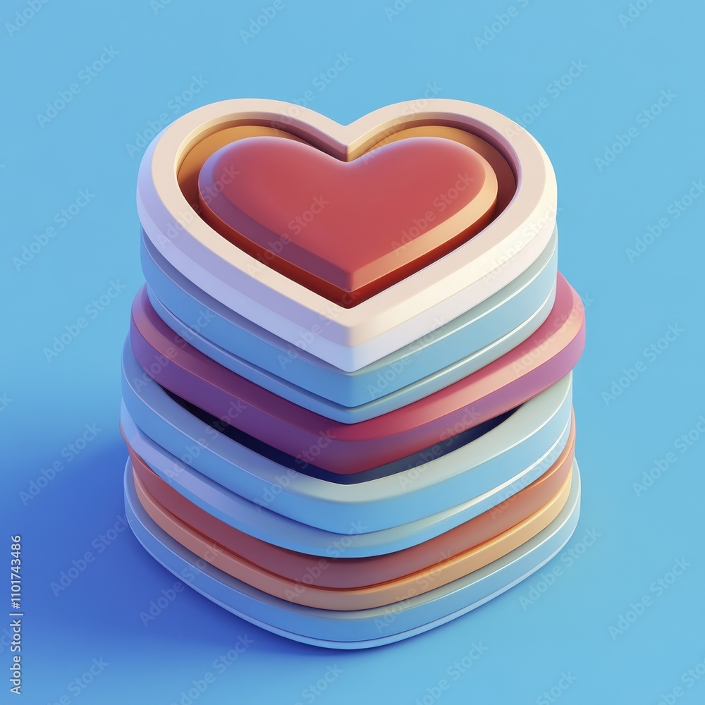 Poster colorful layered heart shapes stacked together, creating a playful and artistic display on a vibrant