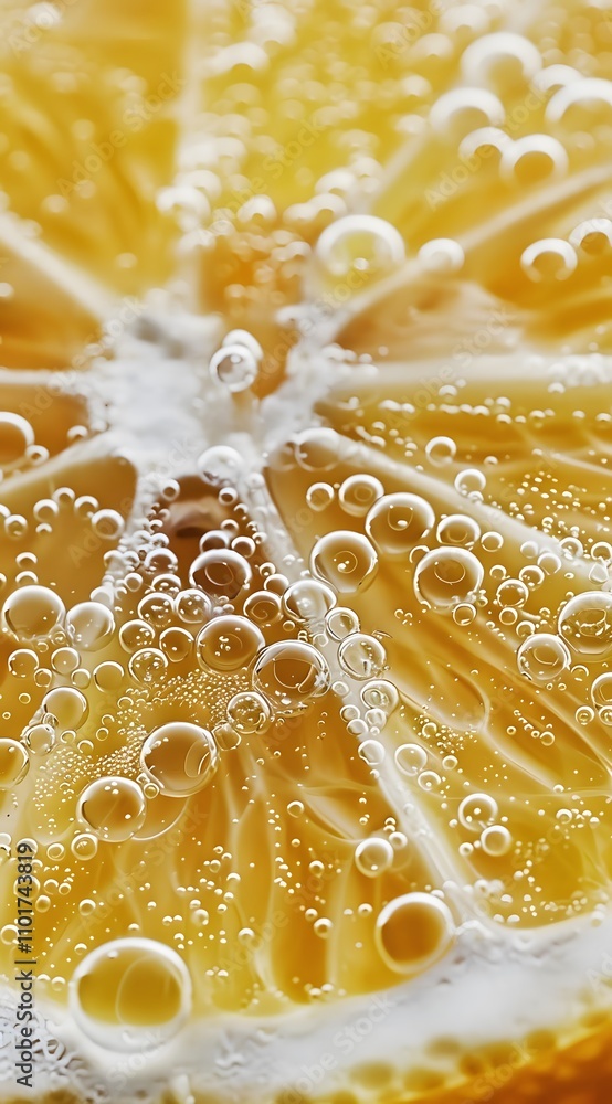 Poster close-up of a lemon slice submerged in sparkling water, showcasing bubbles and vibrant color.