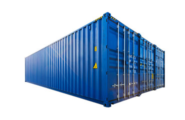 Three standard blue cargo containers in a row isolated on white