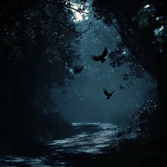 Fototapeta premium Dead cliff road on the dead mysterious forest with three crows on the night. Scary Halloween concept.