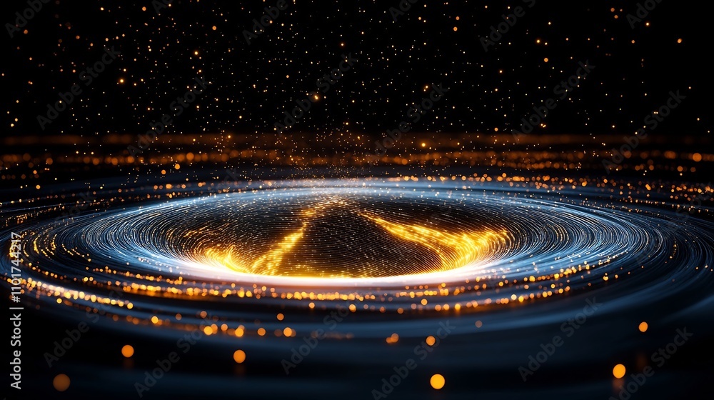 Poster mesmerizing digital vortex with glowing light trails and cosmic particles