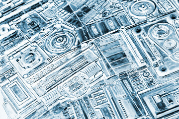 Abstract blue white industrial background, pattern of random details