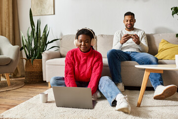 A joyful couple enjoys quality time together on a winter day in their cozy living room.