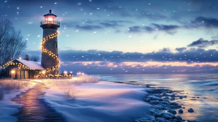Obraz premium Serene Winter Lighthouse Scene with Snowfall, Illuminated Path and Calm Waters at Dusk, Capturing the Tranquility of the Coastal Landscape