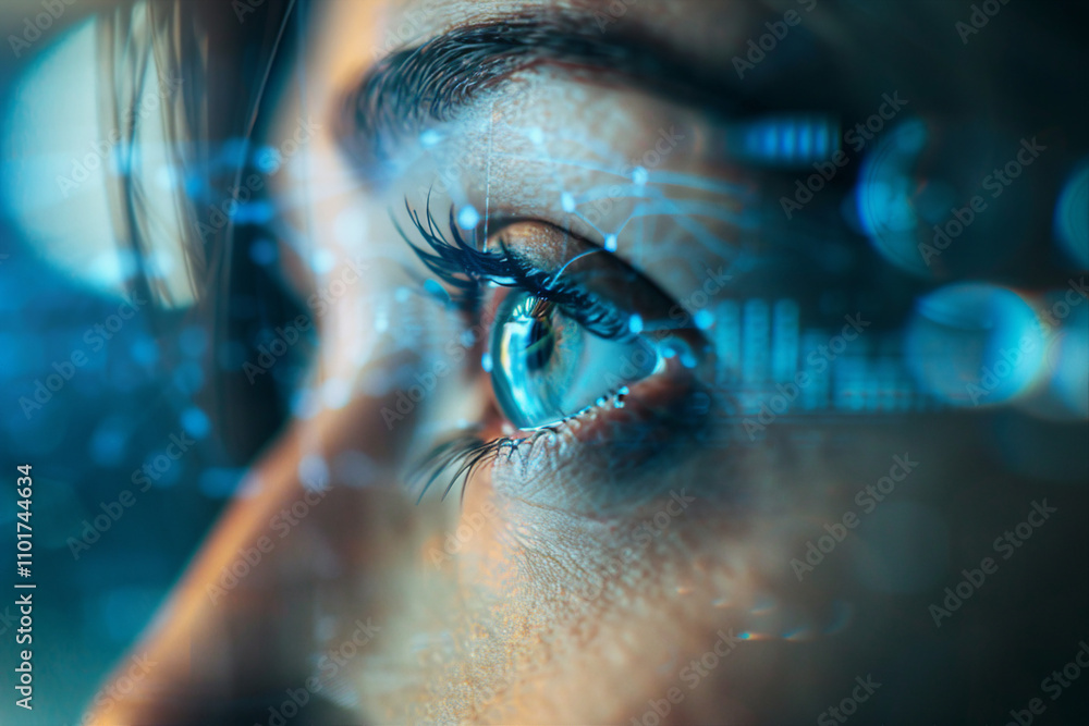 Poster human eye with futuristic cyber projection for virtual security and identity innovation - generative