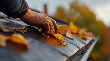 Hand Cleaning Autumn Leaves From A Roof Gutter