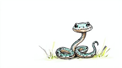 Obraz premium Cute Cartoon Snake Character with Playful Expression Surrounded by Grass in Bright Colorful Style