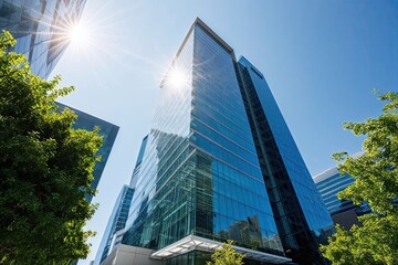 Sleek Urban Office Edifice with Radiant Glass Features and Flourishing Greenery in Bright Daylight