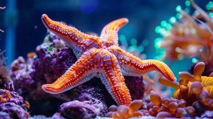 A vibrant starfish resting on colorful coral in an aquarium setting, showcasing marine life.