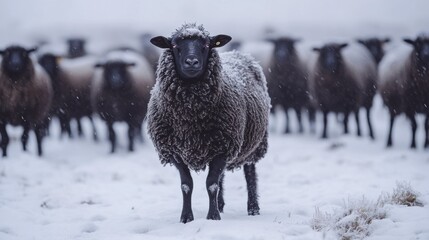Naklejka premium Black Sheep Flock Winter Snow Blizzard Cold Frosty Field