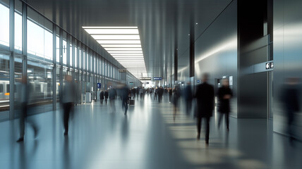 Spacious interior of a modern train station with stylish design, natural light and blurred moving passengers.