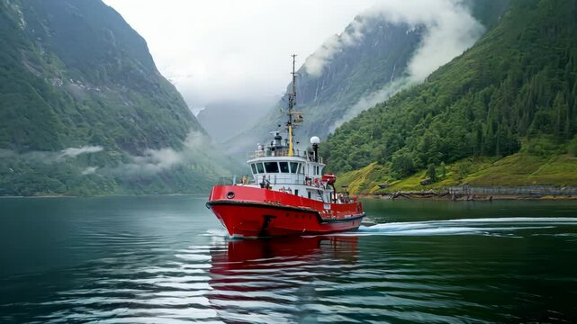Red trawler boat surfing on a serene sea. Maritime transportation on a misty cloudy day. Speedboat, sailboat cruising in a mountainous lake. Seascape, scenic bay area. Yacht trip on a foggy day.