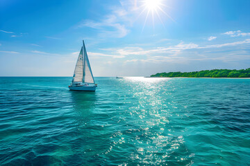 Obraz premium Serene Sailboat Journey Across Turquoise Waters with Lush Coastline in the Background