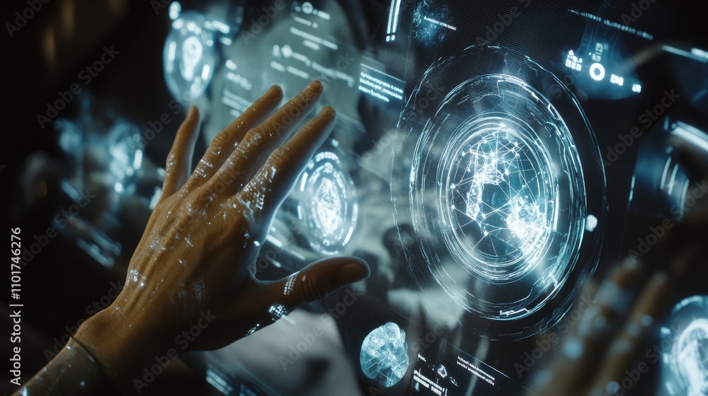 Poster futuristic hand interacting with high-tech transparent display