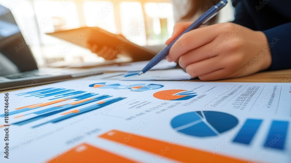 Poster business analytics report with colorful charts and graphs