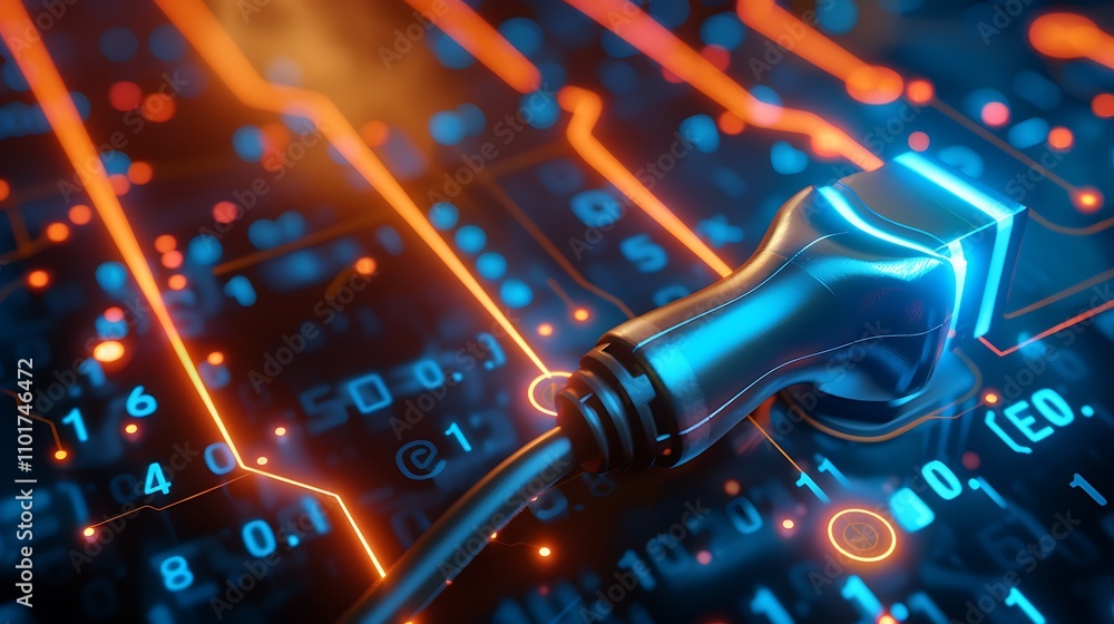 Poster a close-up view of a futuristic plug on a circuit board, symbolizing technology and connectivity.