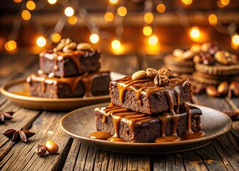 Rich and Decadent Homemade Brownies with Salted Caramel Drizzle and Crunchy Pecan Nuts â€“ Irresistible Dessert Delight Captured in Bokeh Effect for Culinary Enthusiasts and Food Lovers