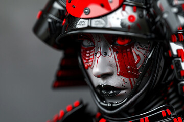 Generative AI Image of Futuristic Samurai in Metal Mask with Glowing Red Eyes and High-Tech Armor
