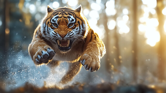 Saber-toothed tiger Smilodon leaping in forest with sunlight and dynamic motion  

