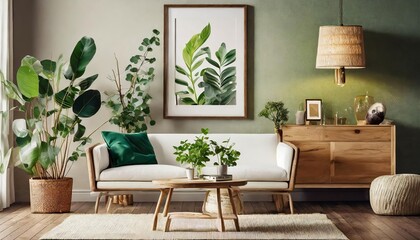 Warm and Inviting Spring Living Room Interior with Stylish Wooden Accents, Mock-Up Poster Frame, and Decorative Elements Showcasing a Cozy, Modern Aesthetic in a Contemporary Home Setting