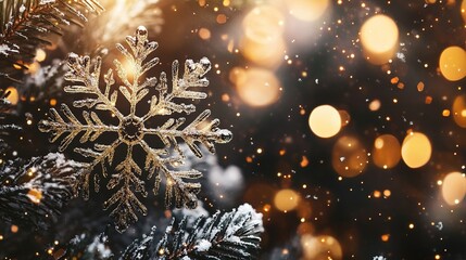 Fototapeta premium Frosted Snowflake Christmas Ornament: A close-up of a sparkling, frosted snowflake ornament hanging on a Christmas tree, illuminated by warm, festive lights.