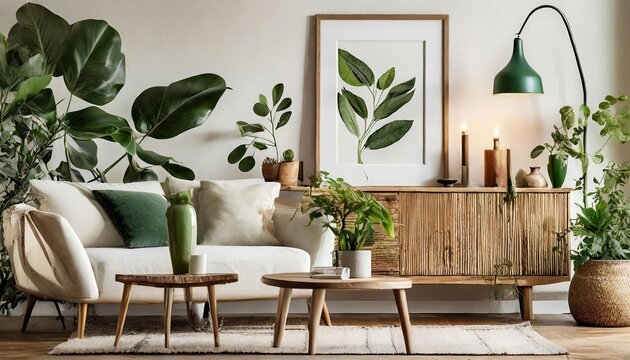 Warm and Cozy Composition of Spring Living Room Interior, with creating Mock-Up Poster Frame, Wooden Elements, and Soft Textiles, Perfect for a Relaxing Home Ambience and Seasonal D&Atilde;&copy;c aor