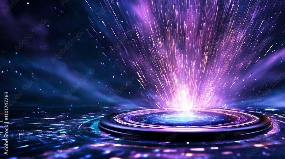 Poster holographic interface design with vibrant light beams and colorful data particles