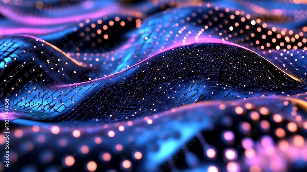 Poster mesmerizing digital waveforms pulsing with neon tones and futuristic flair