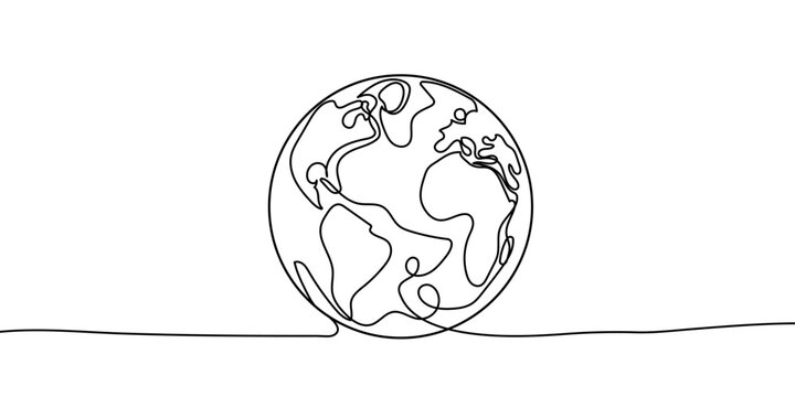 One continuous line drawing of Earth globe. World map in simple linear style. Travel and flight concept in editable stroke. Doodle vector illustration
