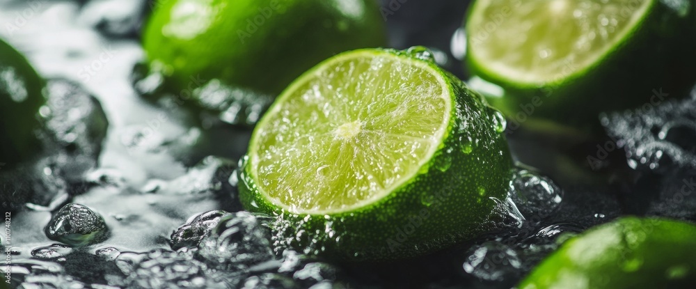 Poster fresh limes are sliced in half and placed in cool water, creating a vibrant and refreshing display. 