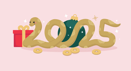 Cute cartoon snake in a shape of 2025 surrounded. Happy Chinese New Year concept. Cartoon vector illustration.