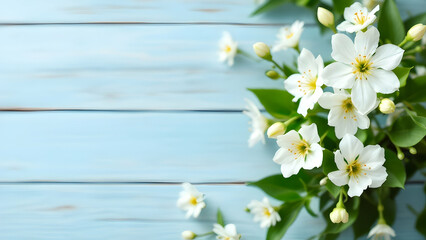 Fototapeta premium A cluster of pristine white flowers with vibrant yellow centers adorns a pale blue wooden surface. Soft lighting enhances the delicate petals and lush green leaves.