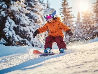 Child Snowboarding Winter Fun Mountain Slope Adventure
