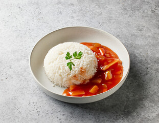 boiled basmati rice with sweet and sour sauce