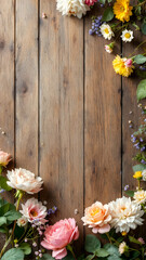 Various blooms frame a weathered wood backdrop. Dahlias, roses, daisies, and other wildflowers create a vibrant, floral border.
