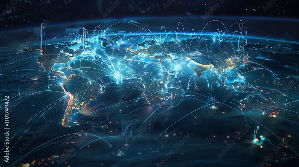Poster a digital representation of a connected world, showcasing global networks and data flow across conti