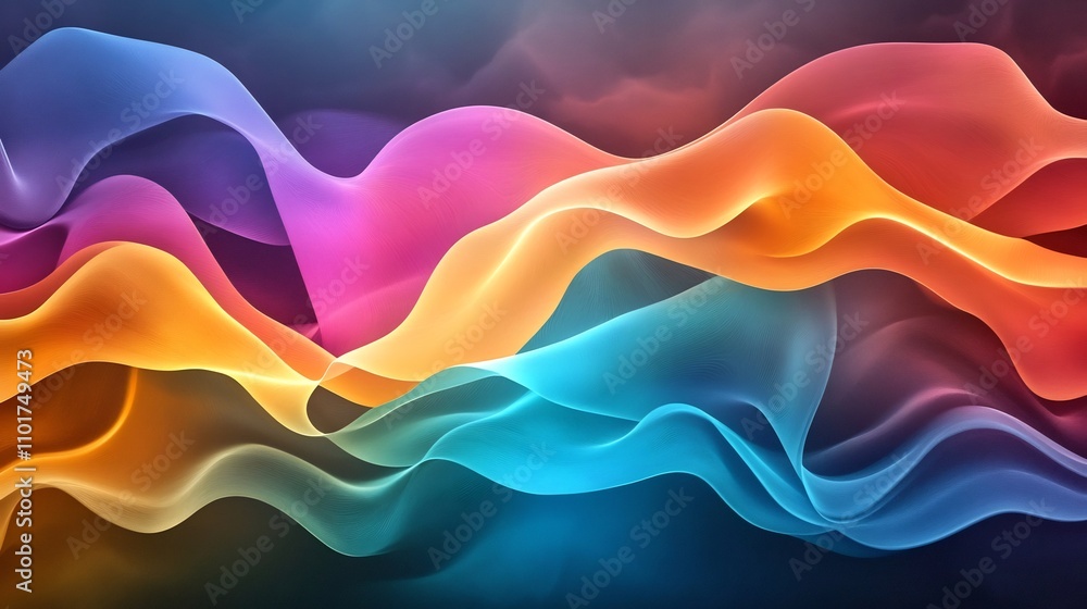 Poster vibrant wave patterns resembling glowing sound frequencies in abstract digital art