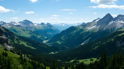 Fototapeta premium Panoramic view of a vast mountain valley. Snowcapped peaks dominate the horizon, while lush green slopes and coniferous forests fill the valley below. A stunning, serene landscape.