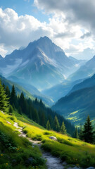 Fototapeta premium A winding trail leads through a vibrant alpine meadow, nestled amidst a lush coniferous forest and majestic mountains under a partly cloudy sky. Sunlight illuminates the scene.