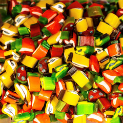 Assorted colorful gummy jelly candies. Top view. Jelly sweets.