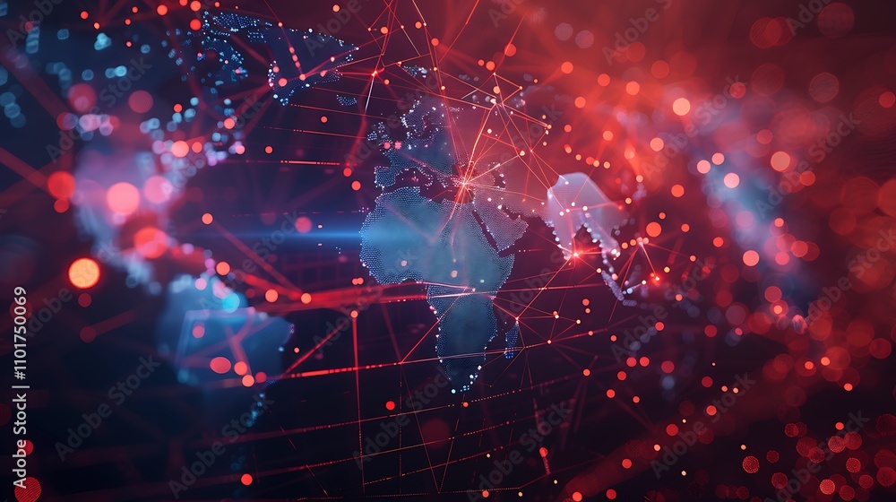 Poster a digital representation of a global network, highlighting connections and data flow across a styliz